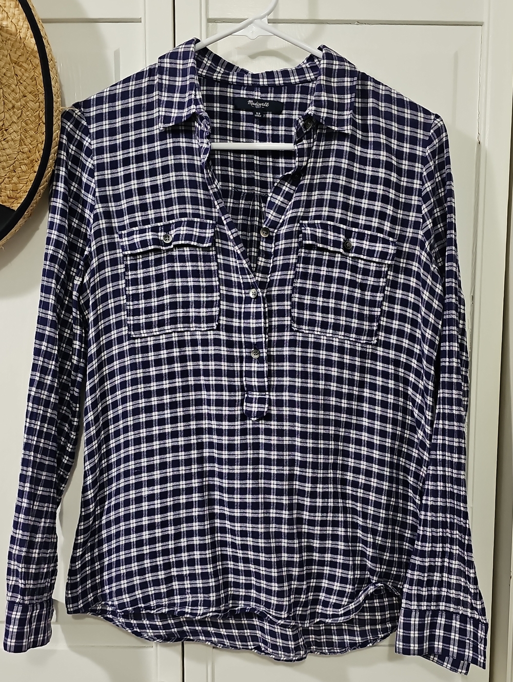 Madewell Navy and White Plaid Partial Button-Front Pull-over Shirt. 98% Cotton!